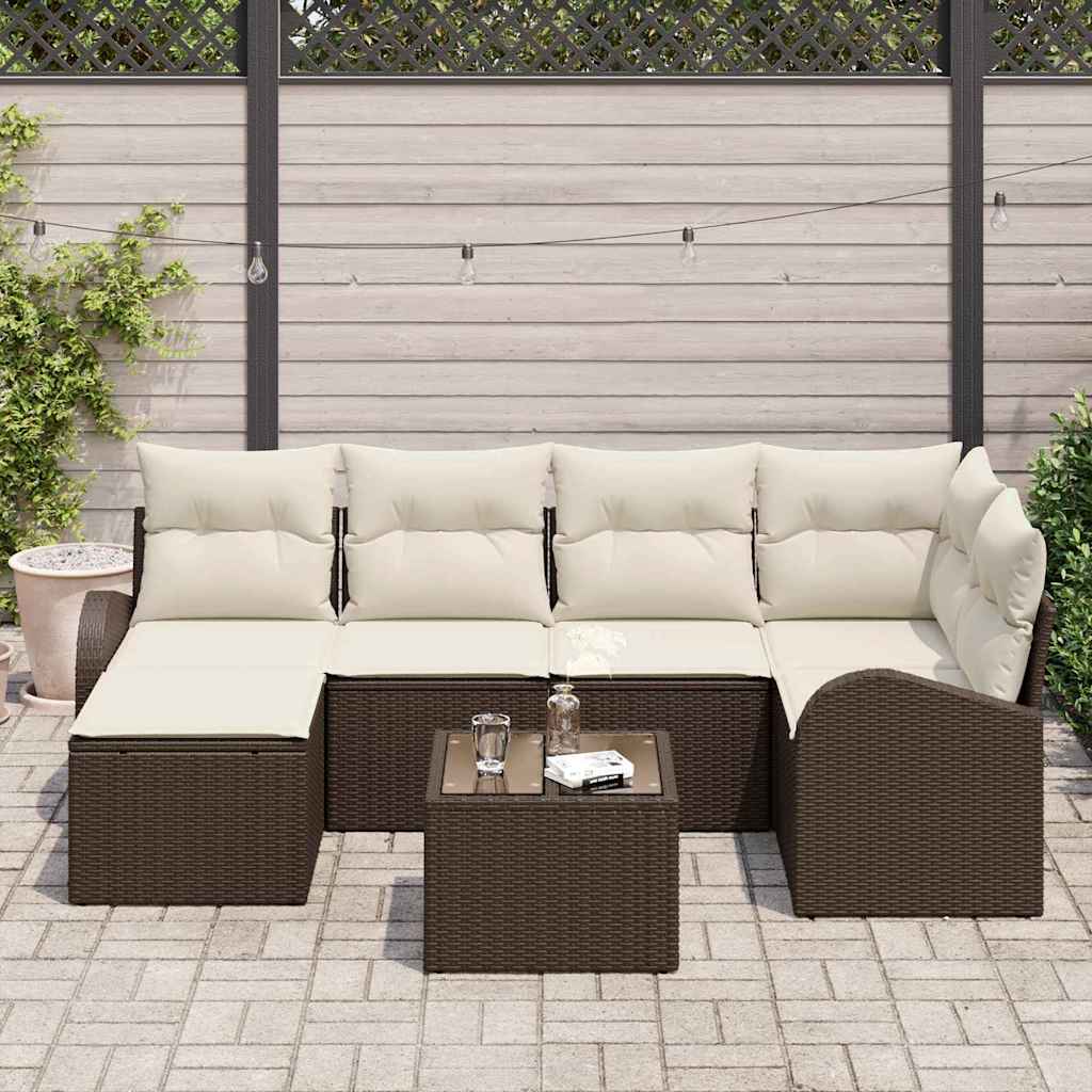 Sofa Set mit Kissen 7 pcs Braun und Weiß Poly-Rattan