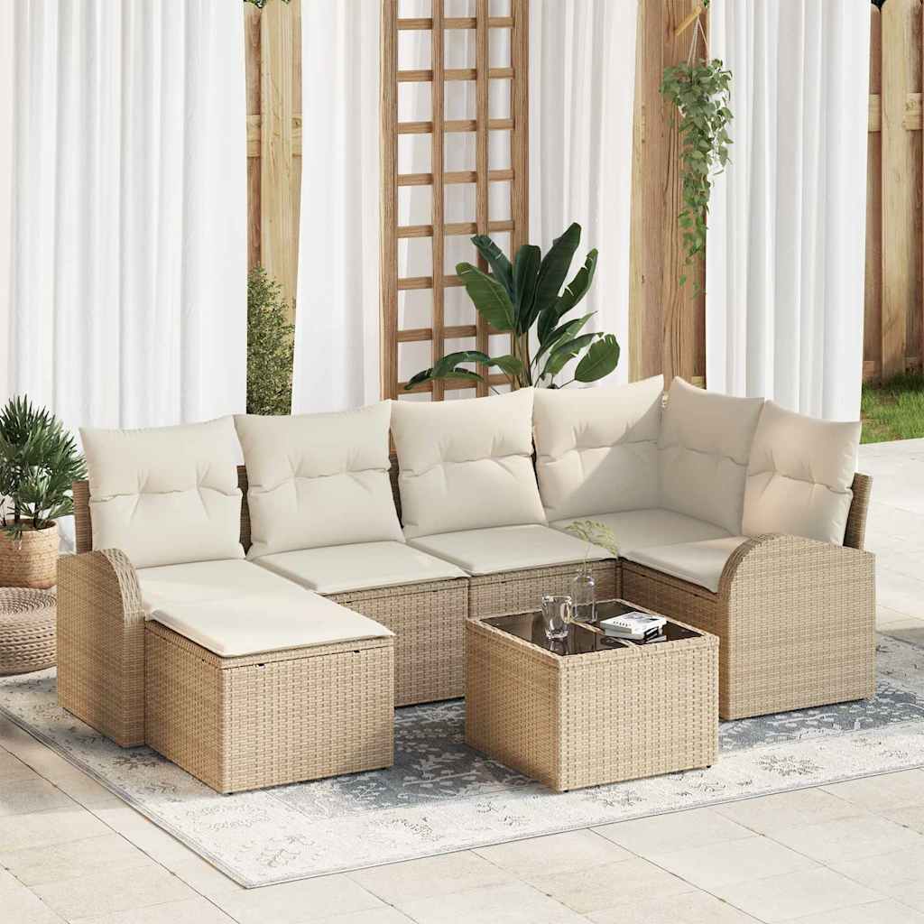Sofa Set mit Kissen 7 pcs Beige und Weiß Poly-Rattan