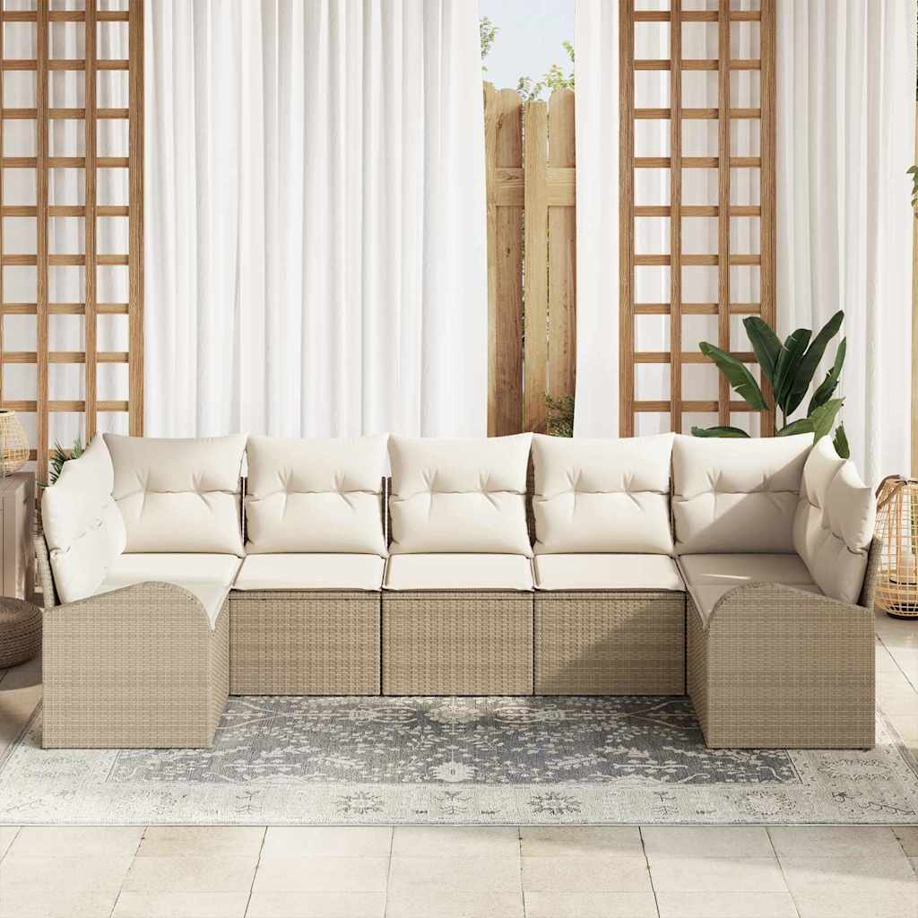 Gartensofa-set mit Kissen 7 pcs Beige und Weiß Poly-Rattan