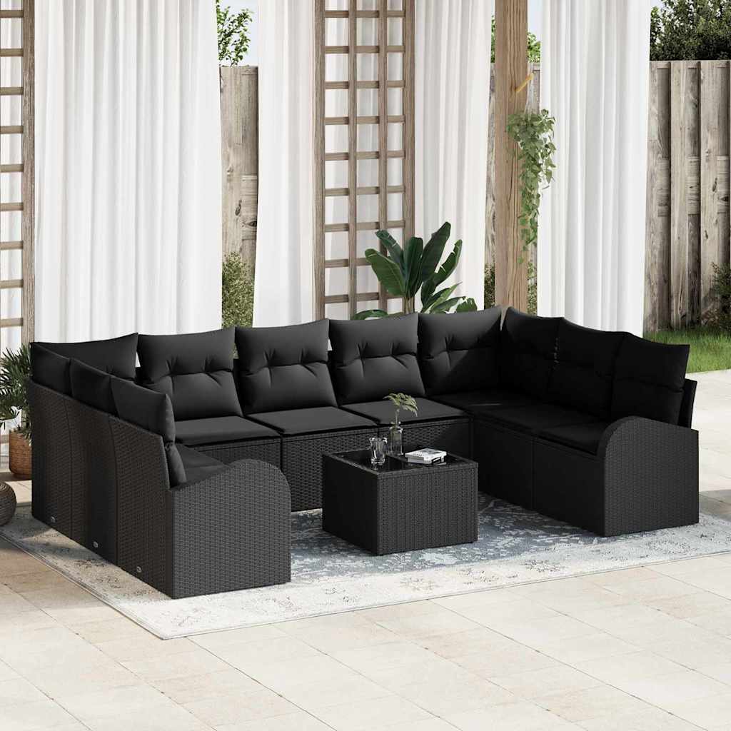 Gartensofa-set mit Kissen 10 pcs Schwarz Poly-Rattan