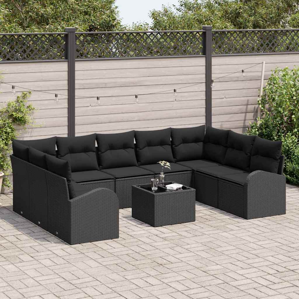 Gartensofa-set mit Kissen 10 pcs Schwarz Poly-Rattan