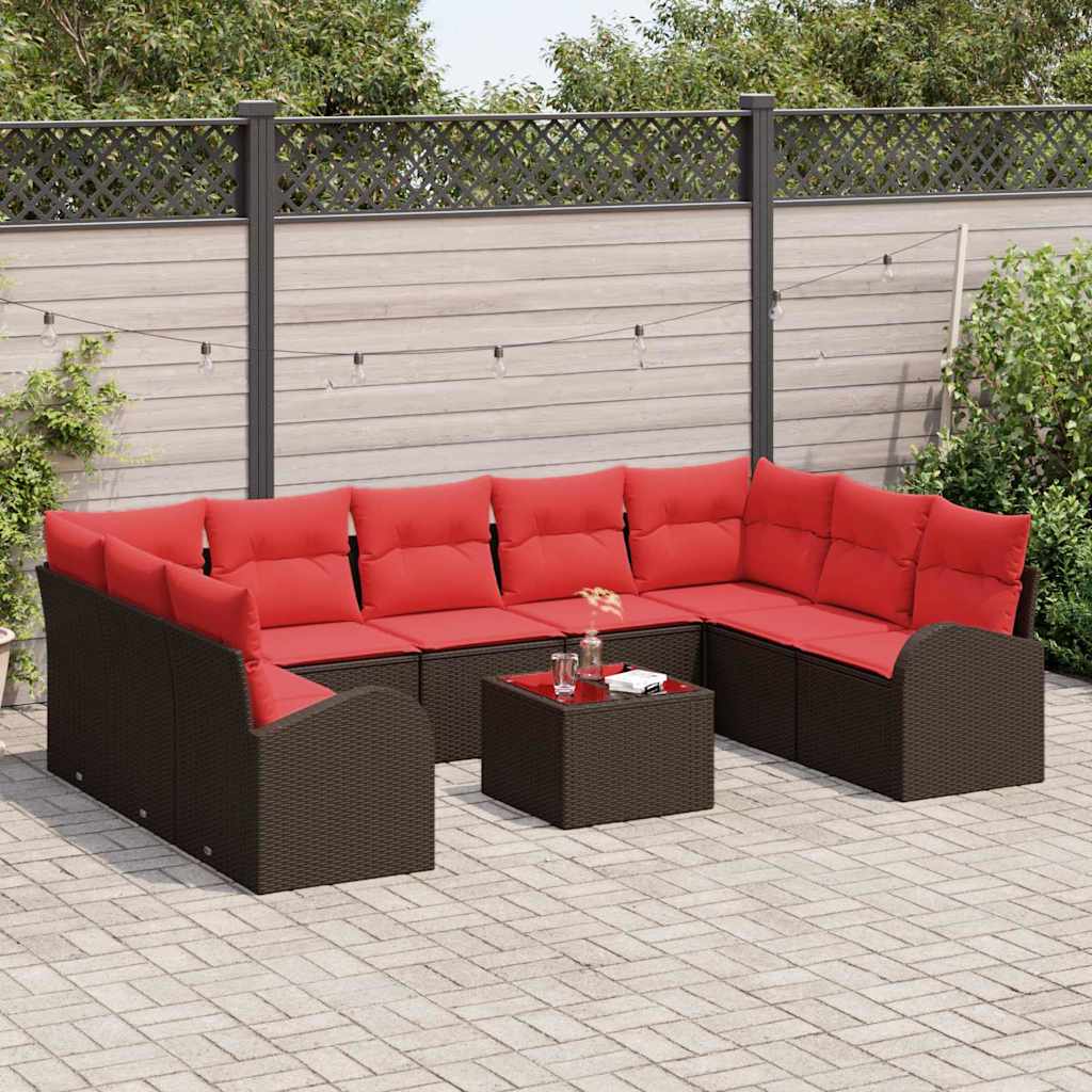 Gartensofa-set mit Kissen 10 pcs Braun und Rot Poly-Rattan