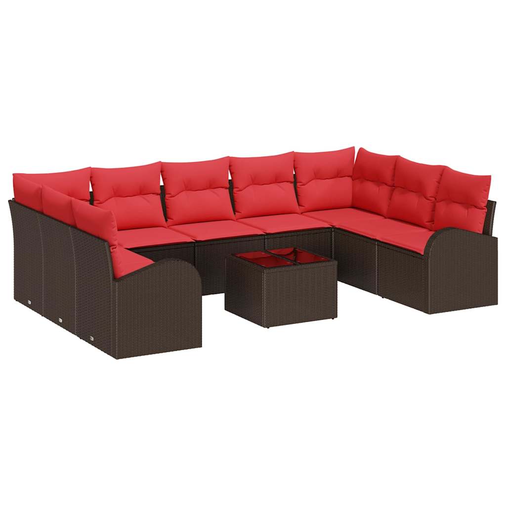 Gartensofa-set mit Kissen 10 pcs Braun und Rot Poly-Rattan