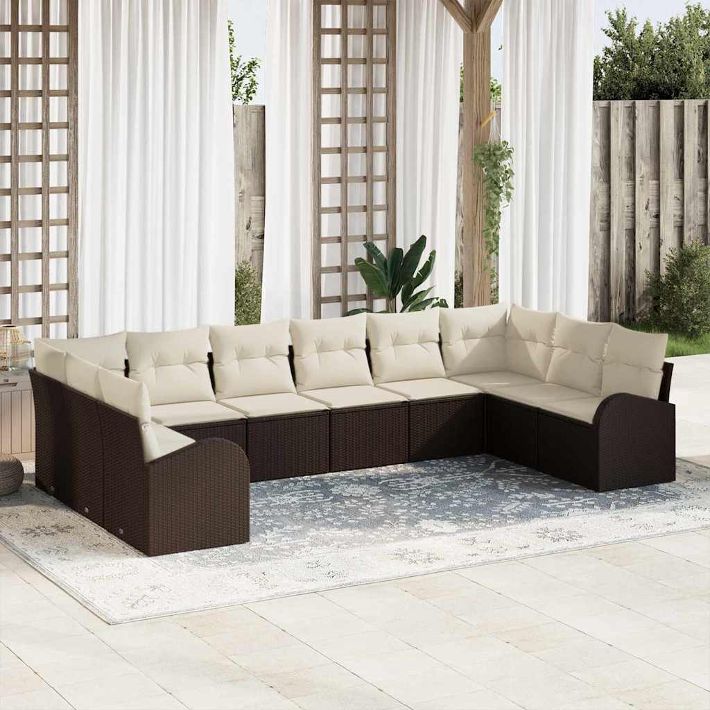 Gartensofa-set mit Kissen 10 pcs Braun und Weiß Poly-Rattan