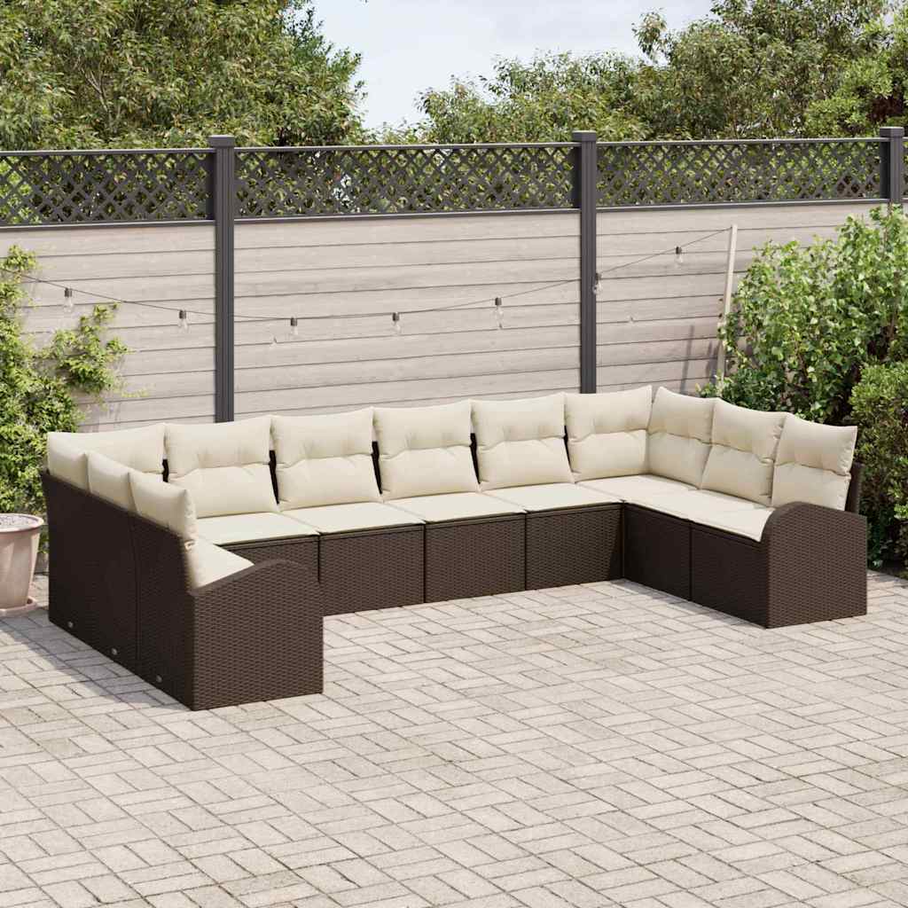 Gartensofa-set mit Kissen 10 pcs Braun und Weiß Poly-Rattan