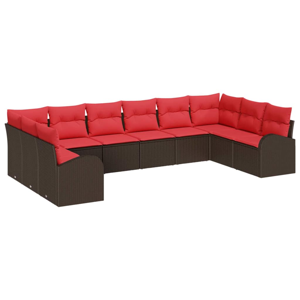 Gartensofa-set mit Kissen 10 pcs Braun und Rot Poly-Rattan