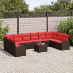 Gartensofa-set mit Kissen 11 pcs Braun und Rot Poly-Rattan