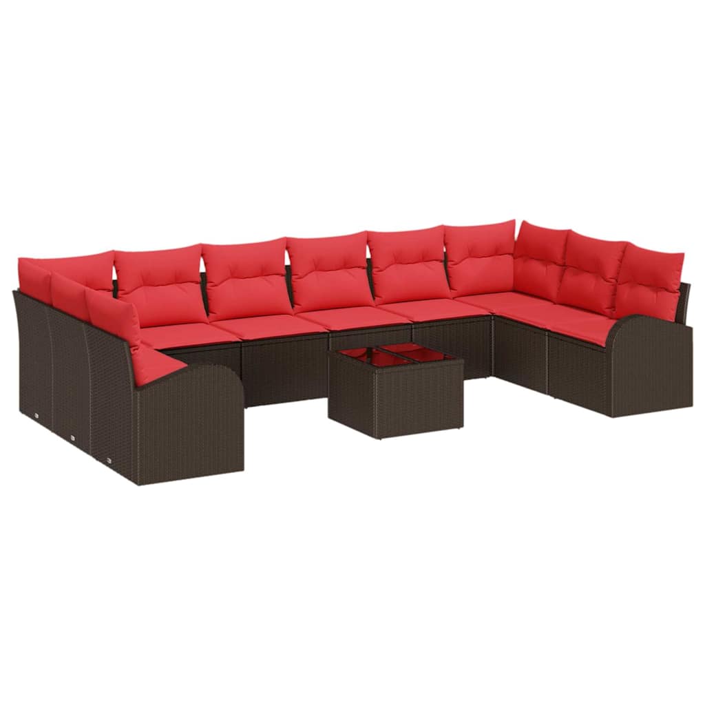 Gartensofa-set mit Kissen 11 pcs Braun und Rot Poly-Rattan