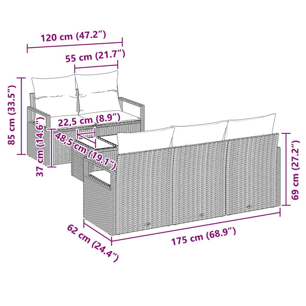 Gartensofa-set 6 pcs Hellgrau und Dunkelgrau Poly-Rattan