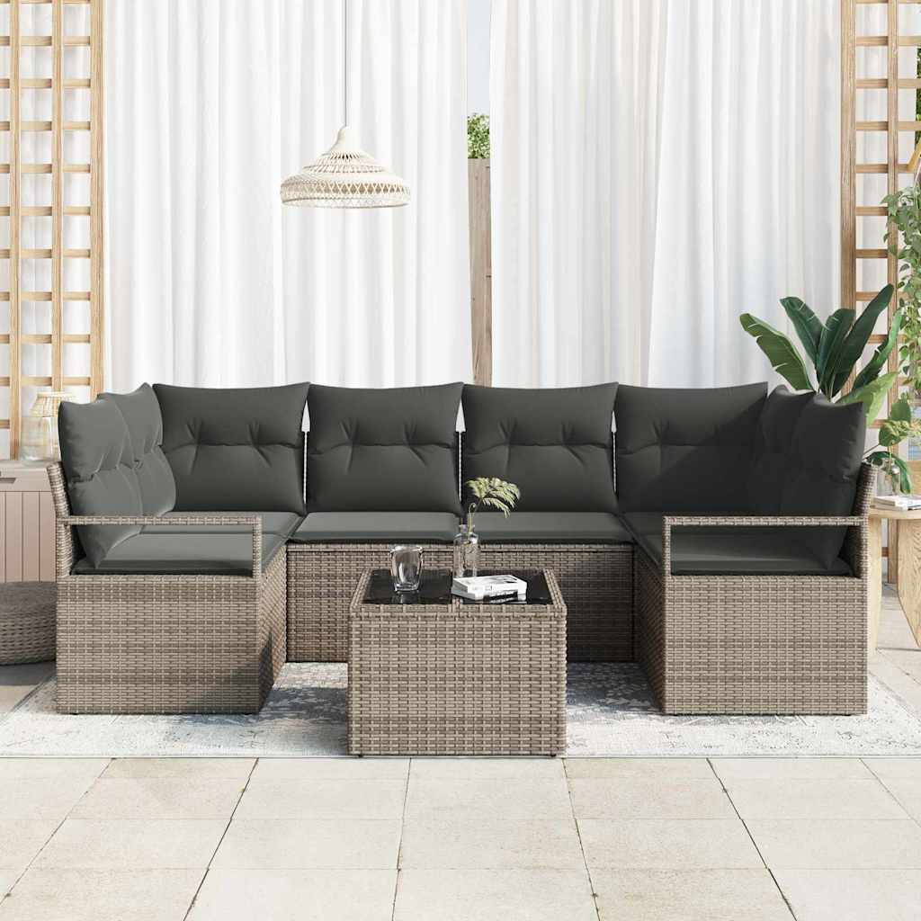Garten-Sofa-Set 7 pcs Grau Poly-Rattan und Stahl und Glas