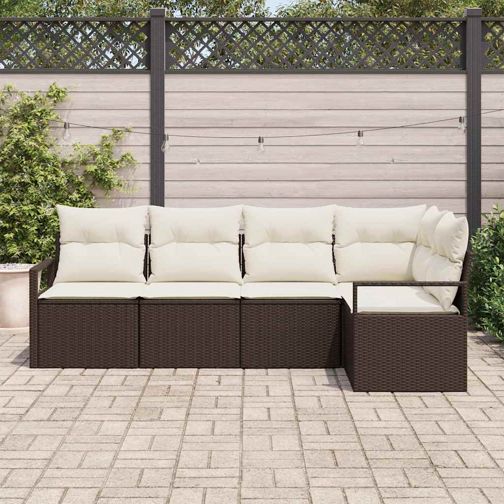 Gartensofa-set mit Kissen 5 pcs Braun und Weiß Poly-Rattan