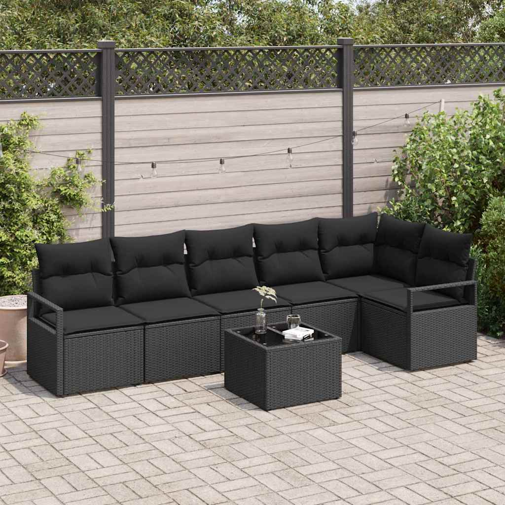Gartensofa-set mit Kissen 7 pcs Schwarz Poly-Rattan