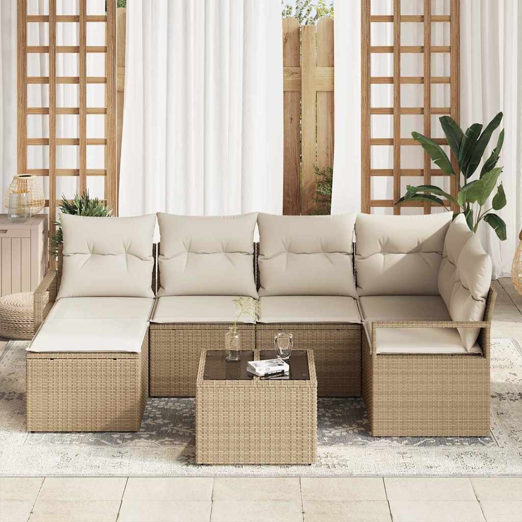 Sofa Set mit Kissen 7 pcs Beige und Creme Poly-Rattan