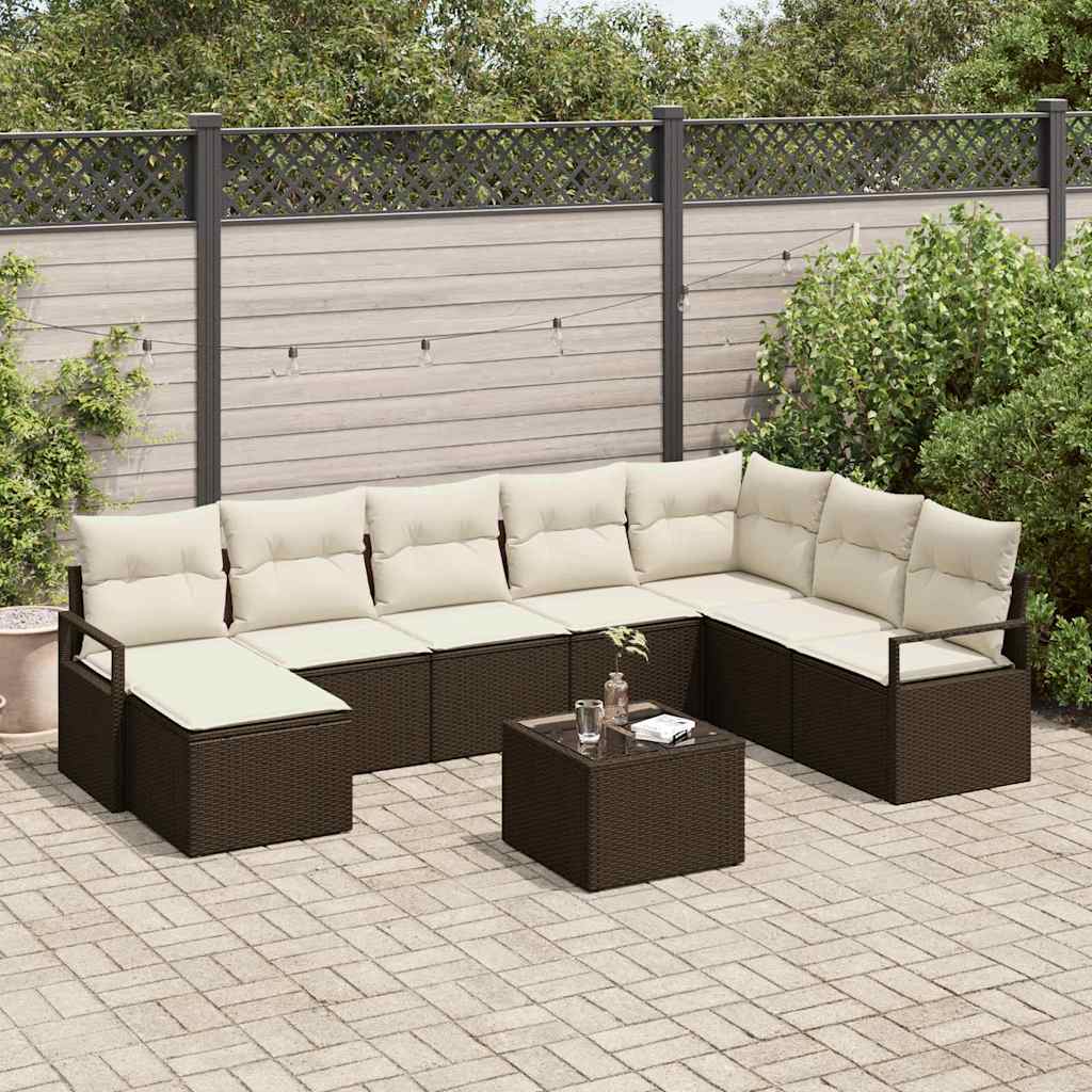 Sofa Set mit Kissen 9 pcs Braun und Creme Poly-Rattan