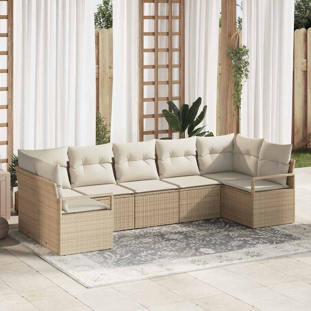 Gartensofa-set mit Kissen 7 pcs Beige und Weiß Poly-Rattan