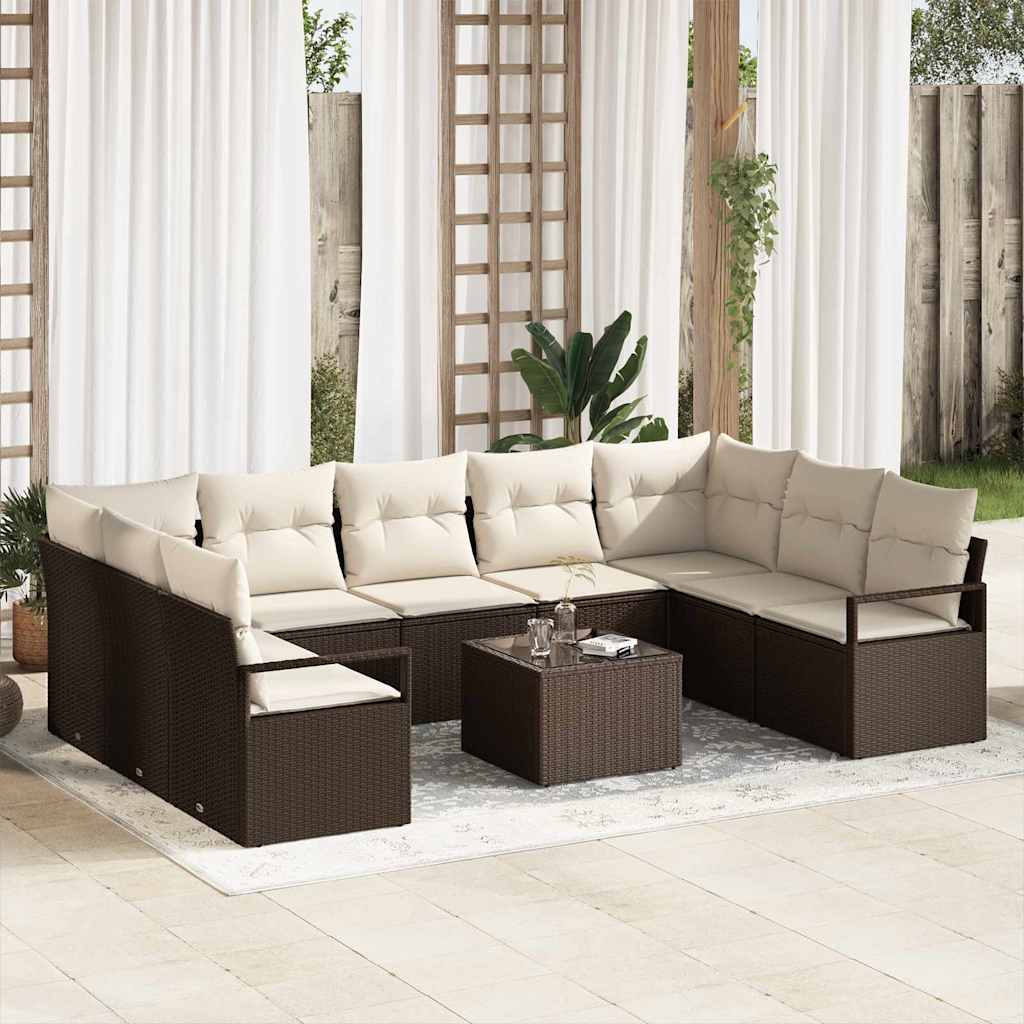 Gartensofa-set mit Kissen 10 pcs Braun und Creme Poly-Rattan