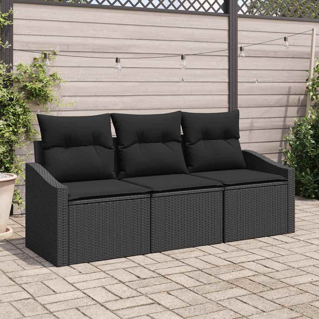 Gartensofa-set mit Kissen 3 pcs Schwarz Poly-Rattan