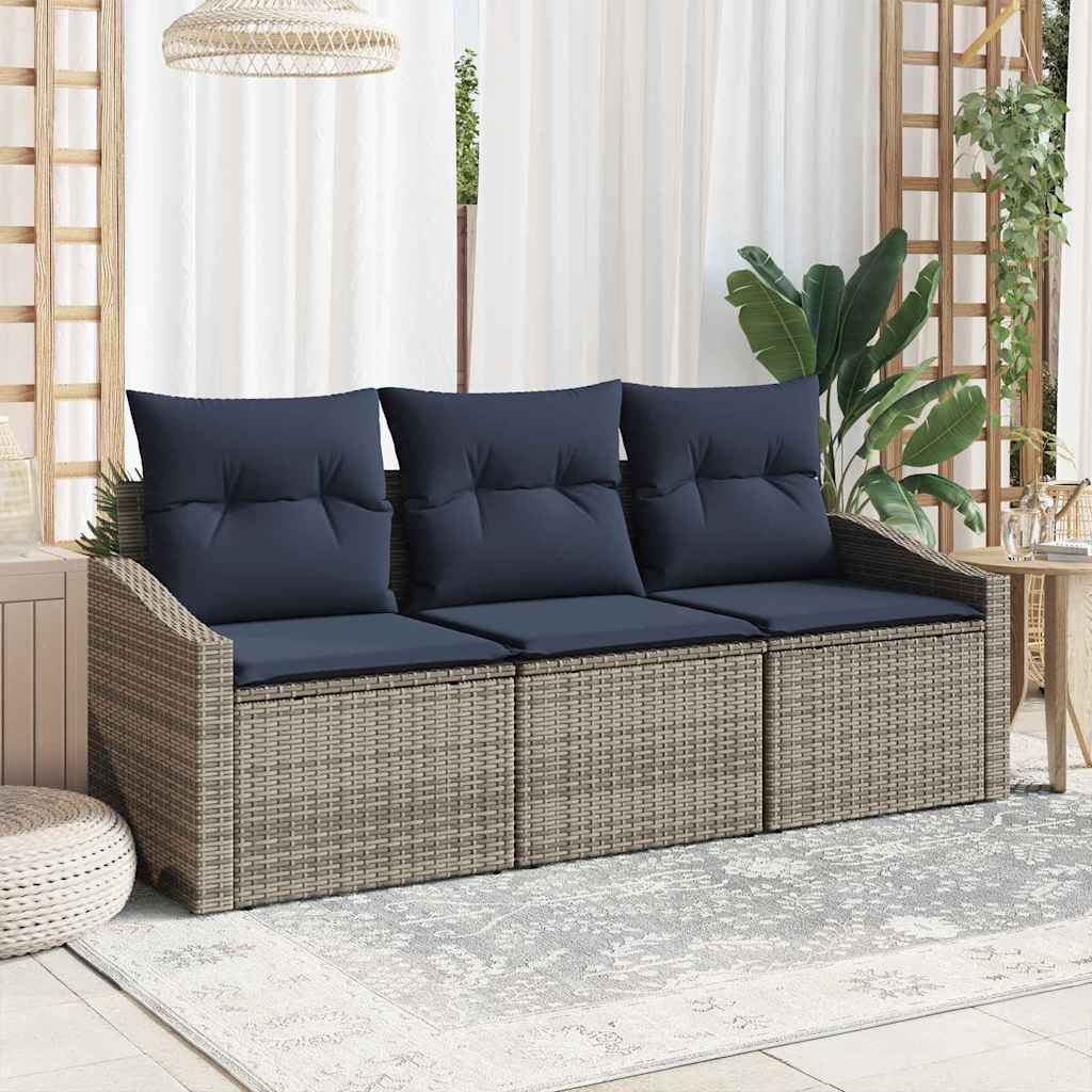 Gartensofa-set mit Kissen 3 pcs Grau und Marineblau Poly-Rattan