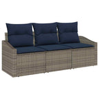 Gartensofa-set mit Kissen 3 pcs Grau und Marineblau Poly-Rattan