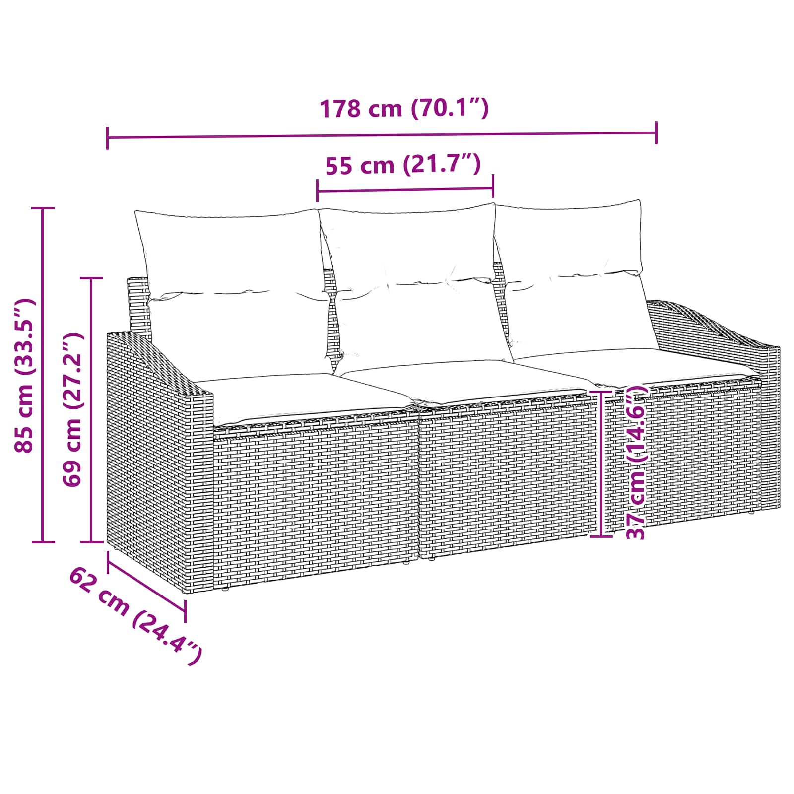 Gartensofa-set mit Kissen 3 pcs Grau und Marineblau Poly-Rattan