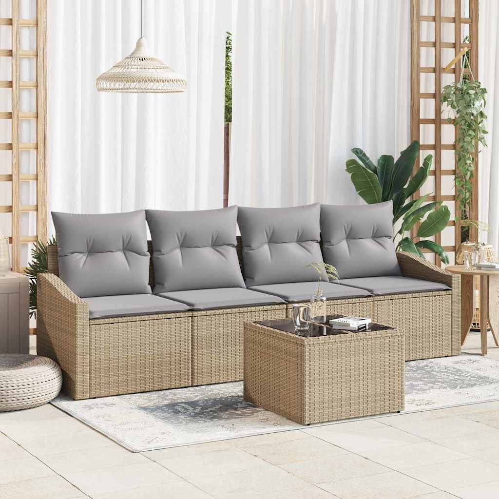 Sofa Set mit Kissen 5 pcs Beige und Grau Poly-Rattan