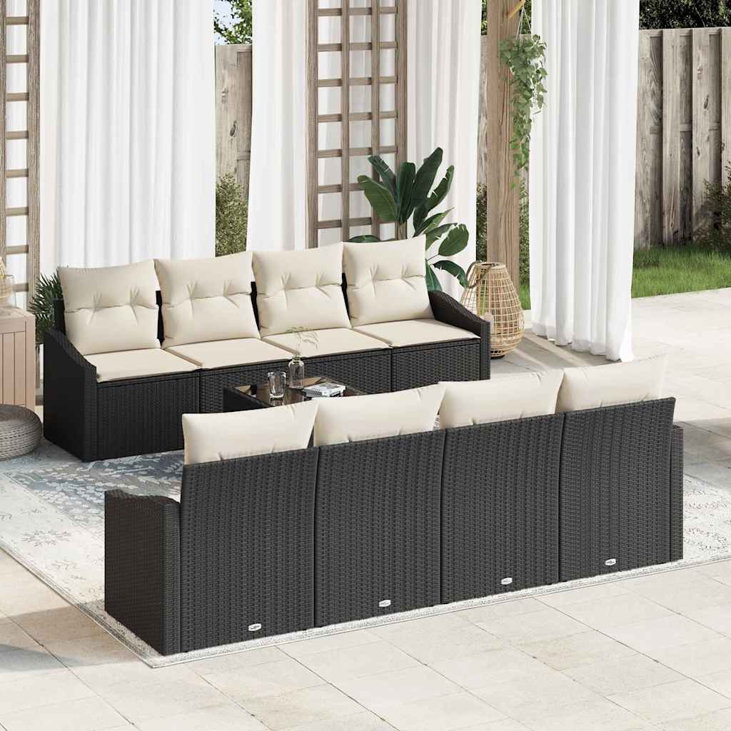 Sofa Set mit Kissen 7 pcs Schwarz und Creme Poly-Rattan