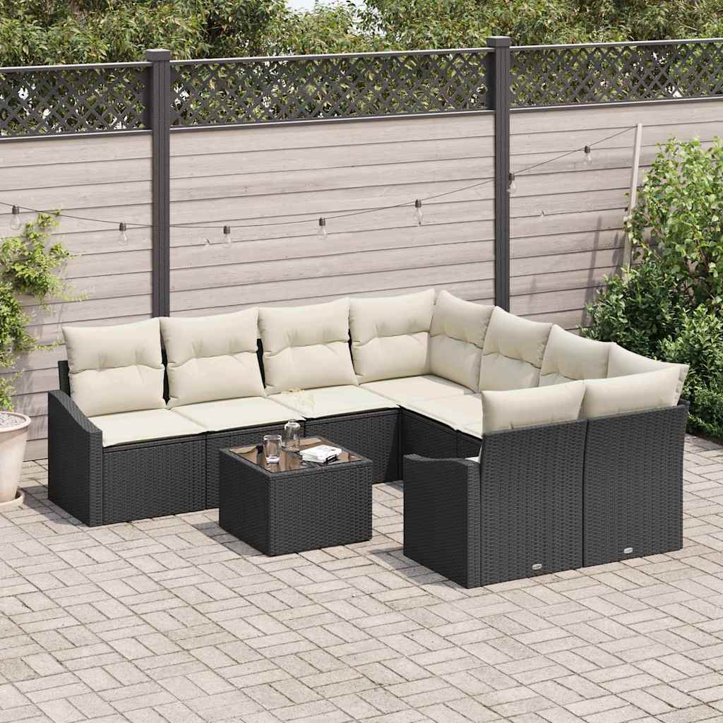Sofa Set mit Kissen 9 pcs Schwarz und Creme Poly-Rattan