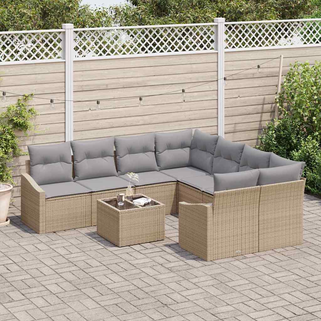 Sofa Set mit Kissen 9 pcs Beige und Grau Poly-Rattan