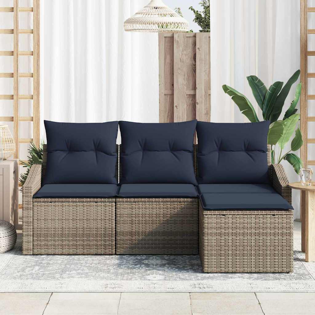 Sofa Set mit Kissen 4 pcs Grau und Marineblau Poly-Rattan