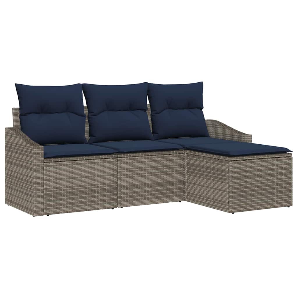 Sofa Set mit Kissen 4 pcs Grau und Marineblau Poly-Rattan