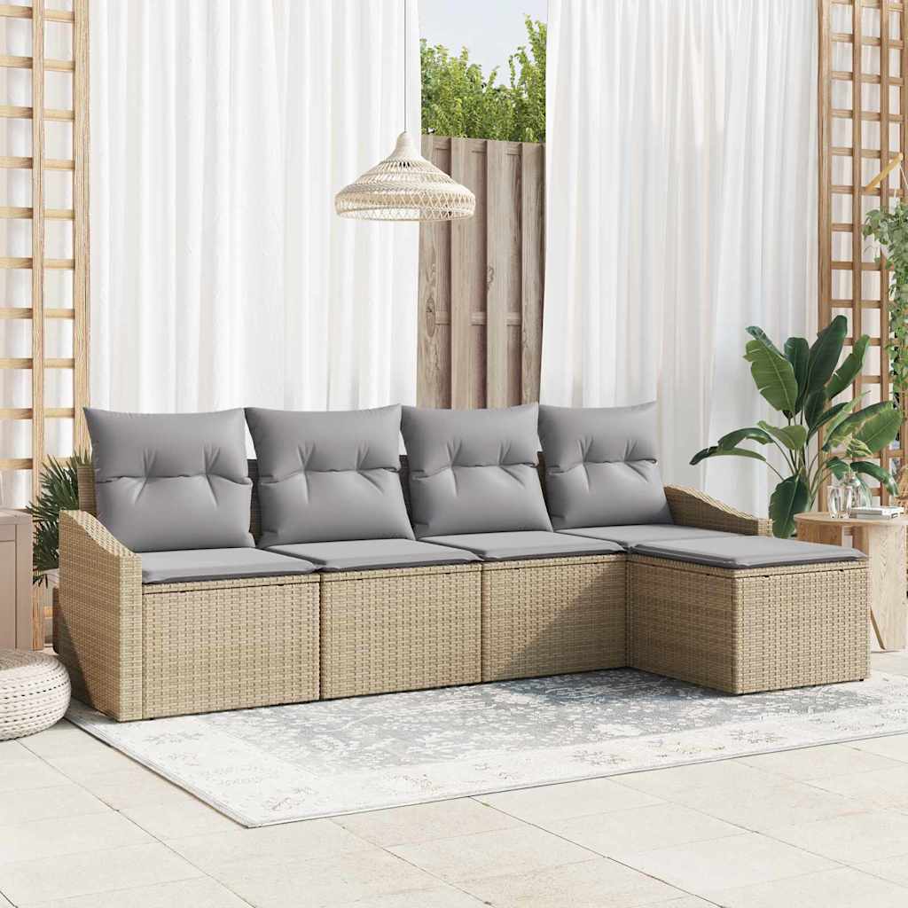 Sofa Set mit Kissen 5 pcs Beige und Hellgrau Poly-Rattan