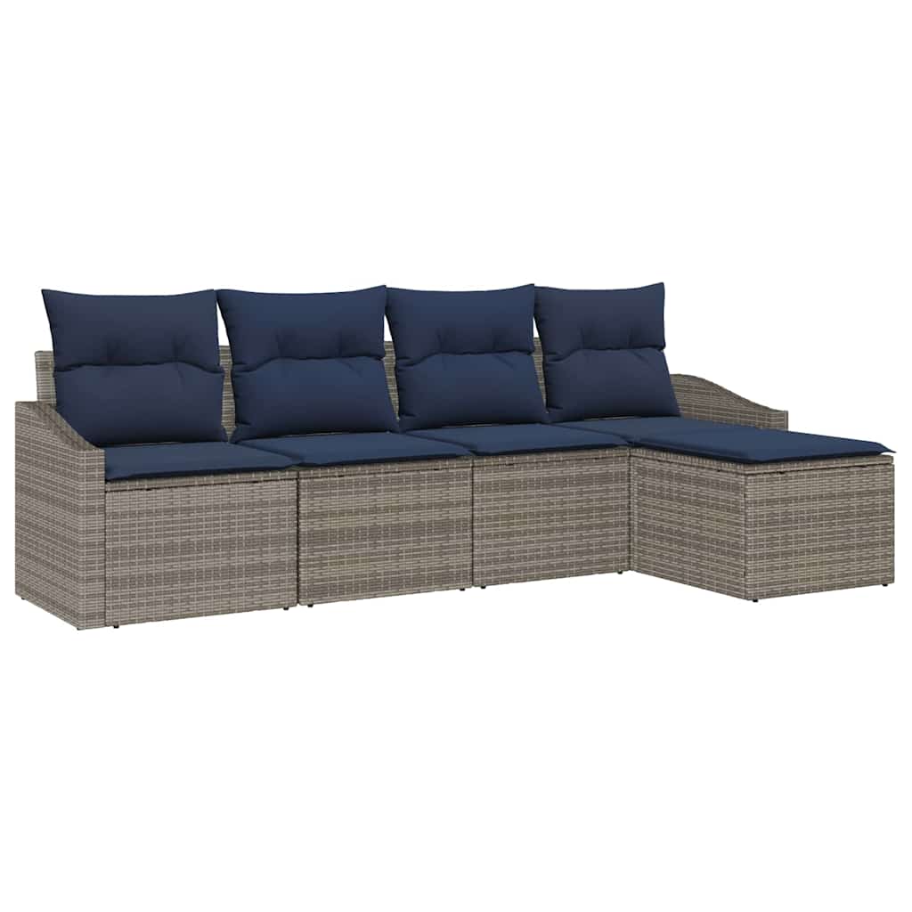 Sofa Set mit Kissen 5 pcs Grau und Marineblau Poly-Rattan