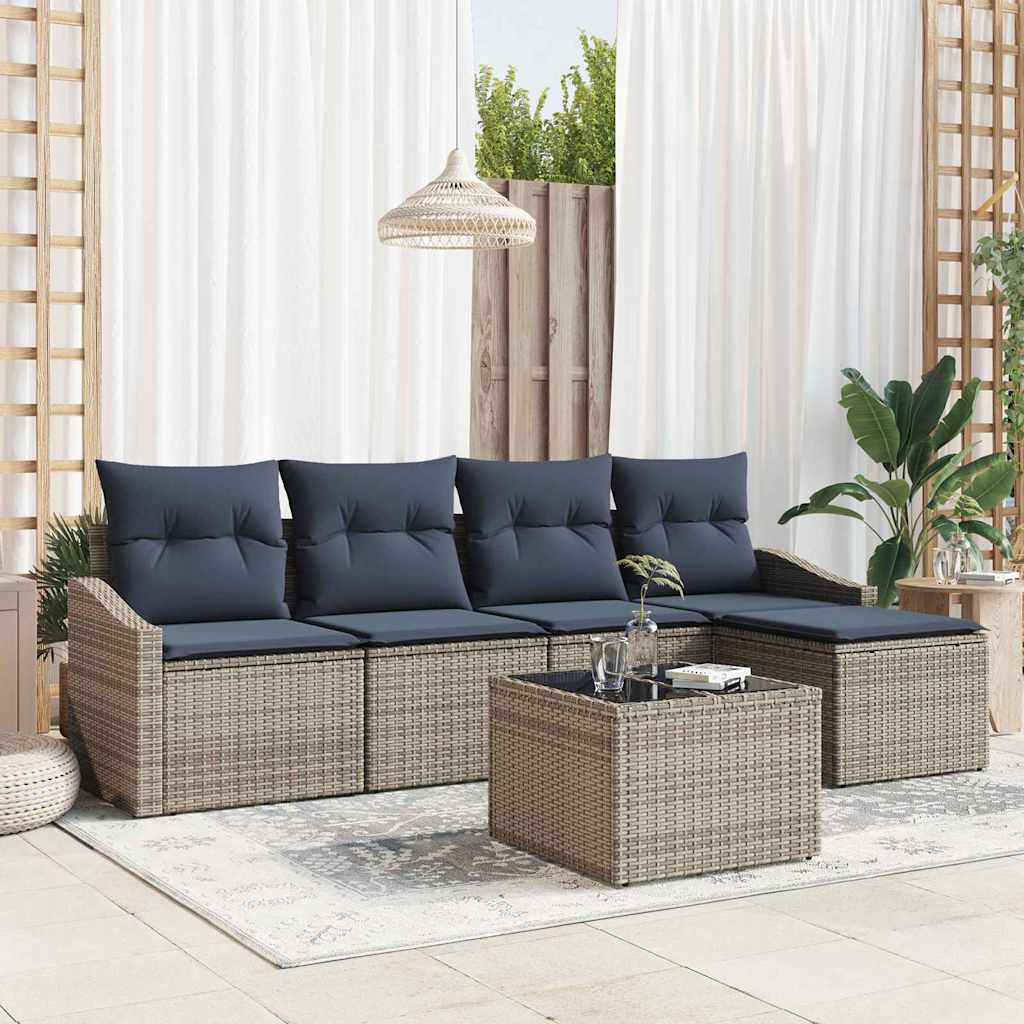 Sofa Set mit Kissen 6 pcs Grau und Marineblau Poly-Rattan