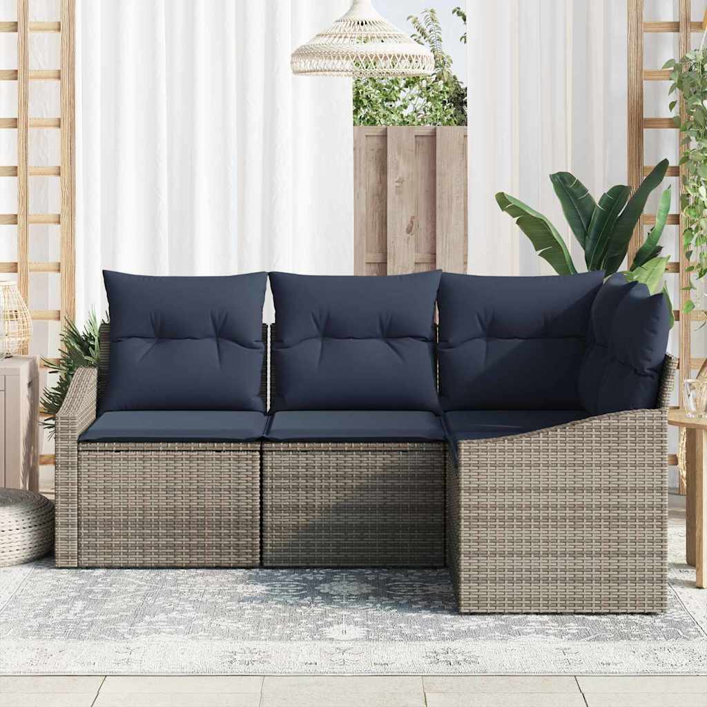 Gartensofa-set mit Kissen 4 pcs Grau und Marineblau Poly-Rattan