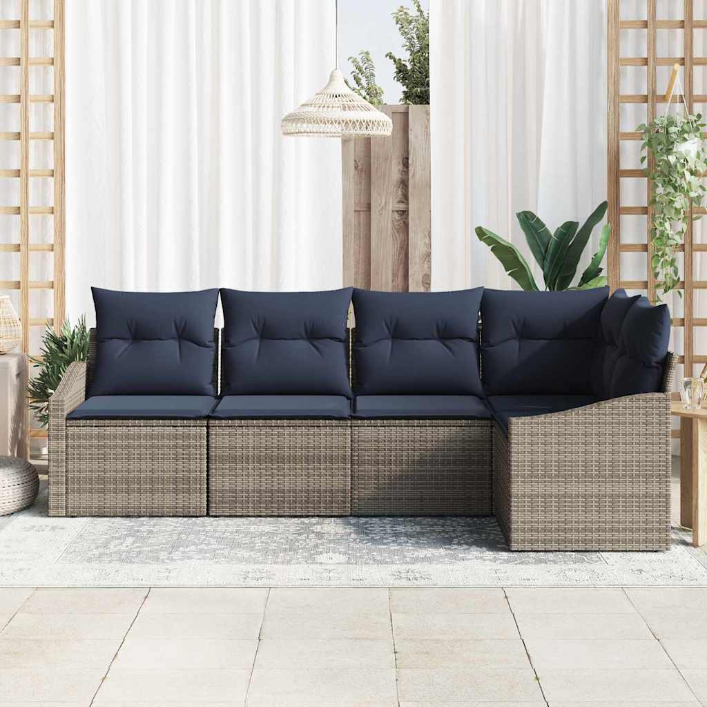 Gartensofa-set mit Kissen 5 pcs Grau und Marineblau Poly-Rattan