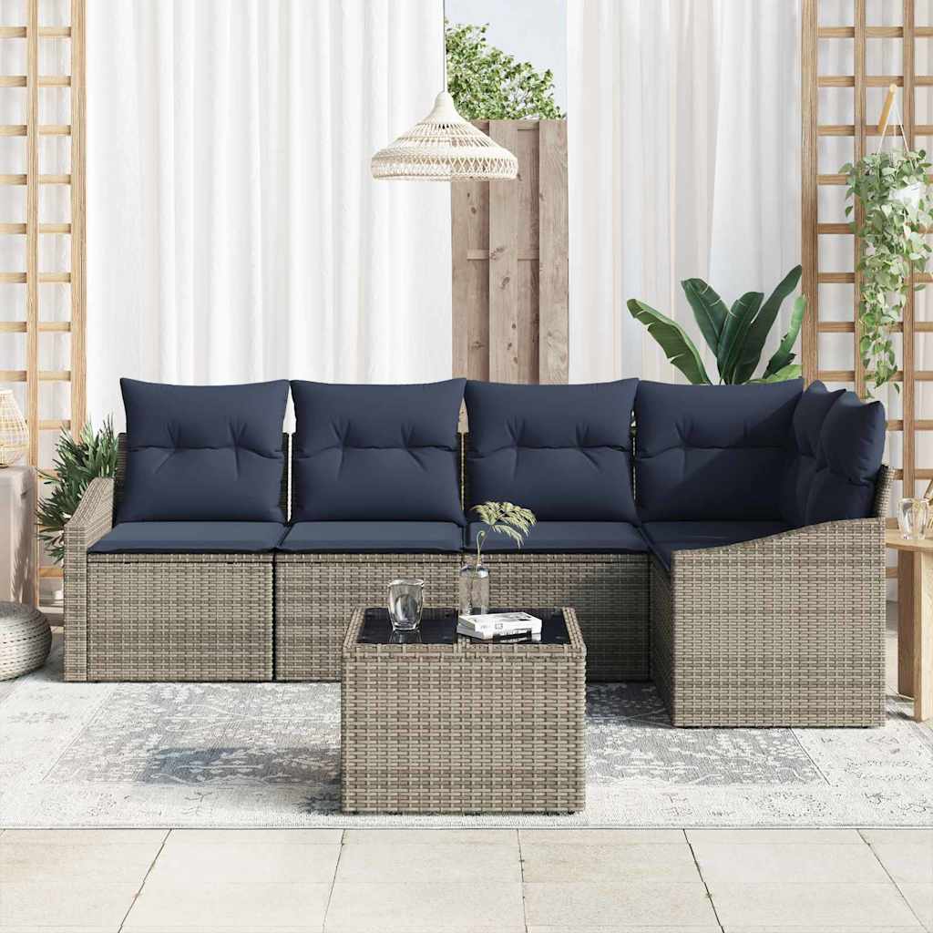Gartensofa-set mit Kissen 6 pcs Grau und Marineblau Poly-Rattan