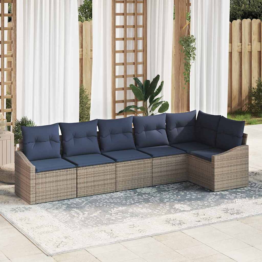 Gartensofa-set mit Kissen 6 pcs Grau und Marineblau Poly-Rattan
