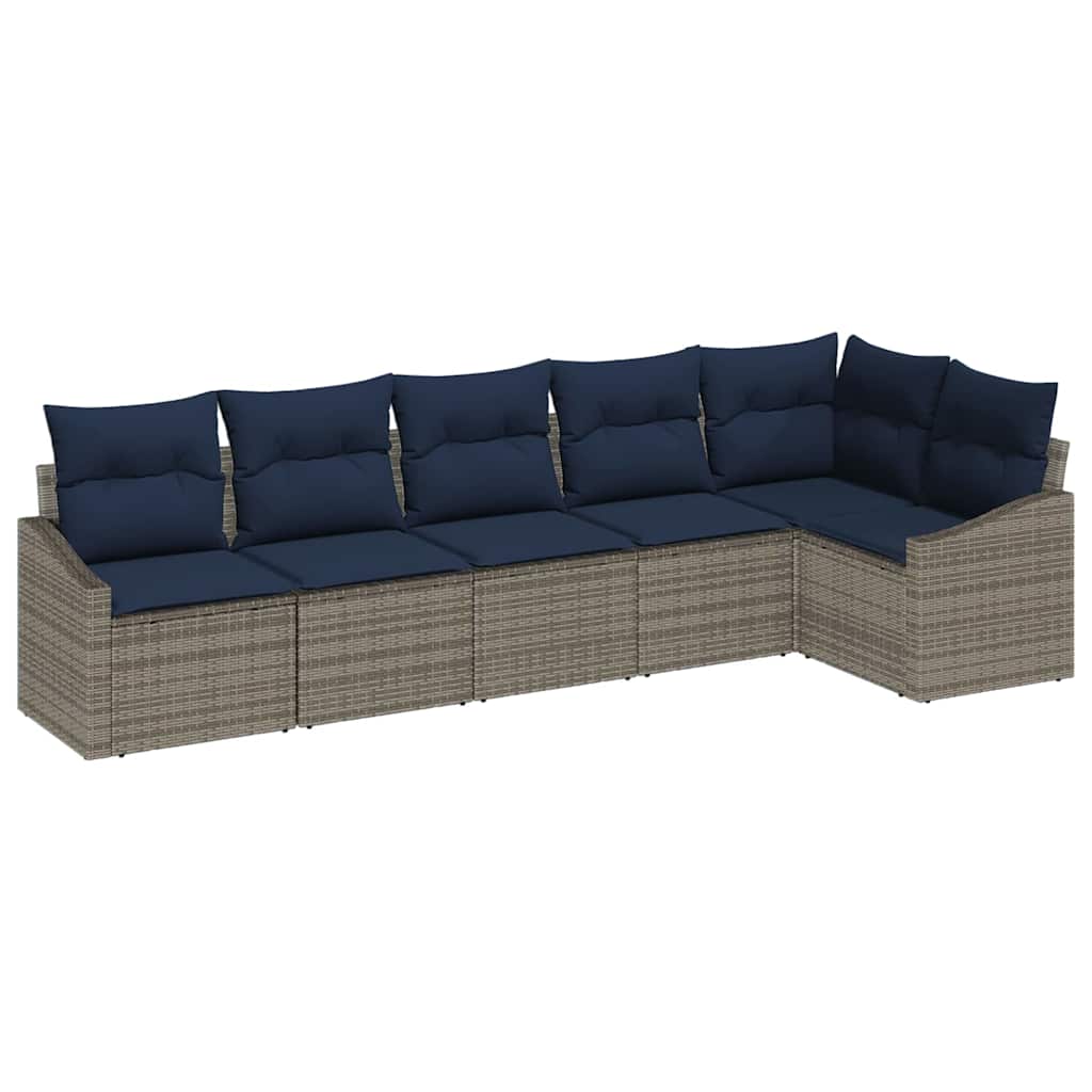 Gartensofa-set mit Kissen 6 pcs Grau und Marineblau Poly-Rattan