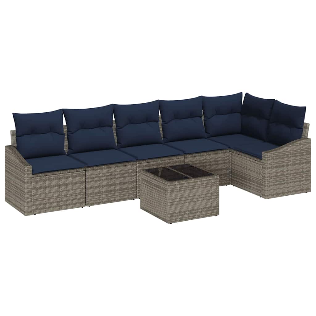 Gartensofa-set mit Kissen 7 pcs Grau und Marineblau Poly-Rattan