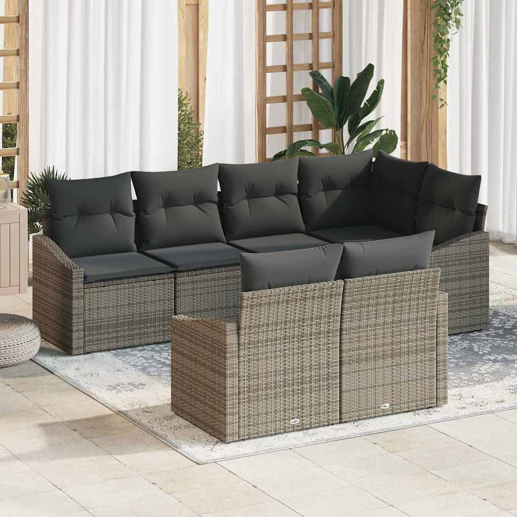 Gartensofa-set mit Kissen mit Speicher 7 pcs Grau Poly-Rattan