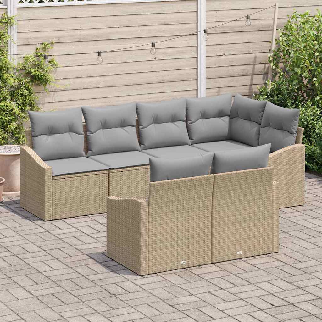 Gartensofa-set mit Kissen 7 pcs Beige und Hellgrau Poly-Rattan