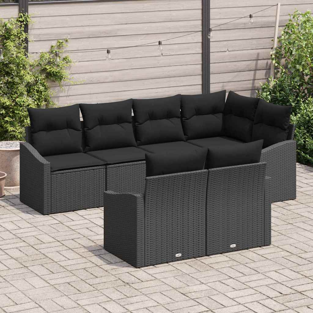 Gartensofa-set mit Kissen 7 pcs Schwarz Poly-Rattan