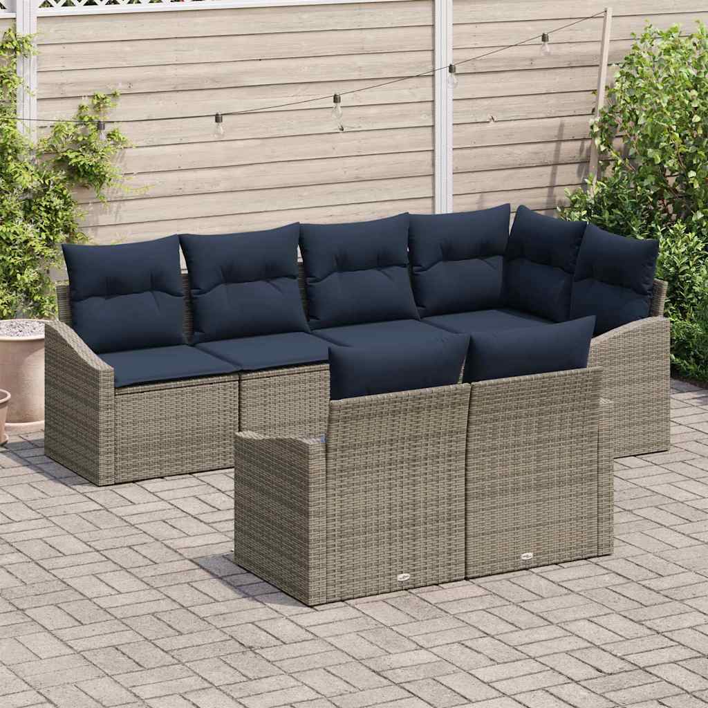Gartensofa-set mit Kissen 7 pcs Grau und Marineblau Poly-Rattan