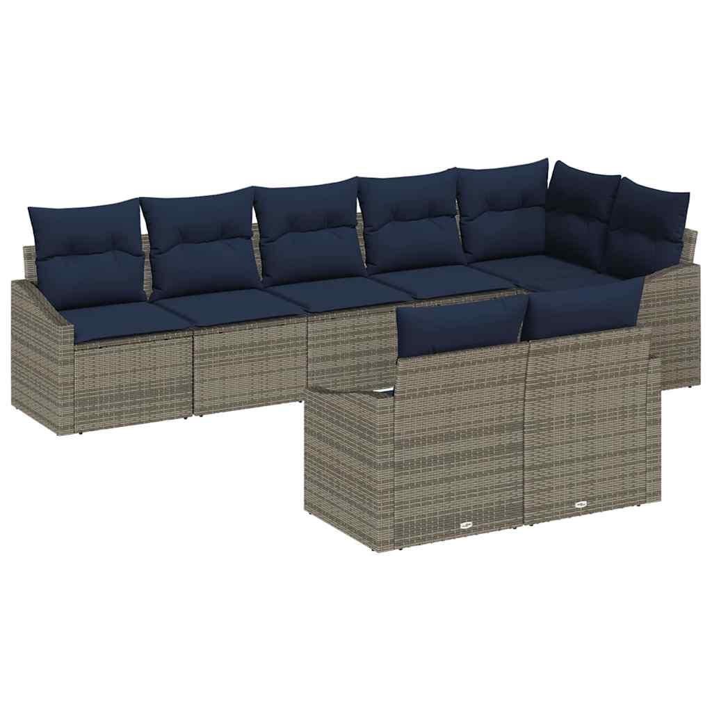 Gartensofa-set mit Kissen 8 pcs Grau und Marineblau Poly-Rattan