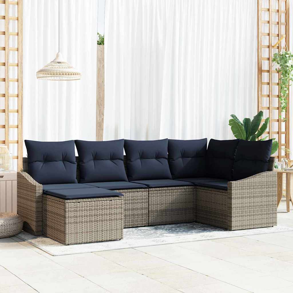 Sofa Set mit Kissen 6 pcs Grau und Marineblau Poly-Rattan