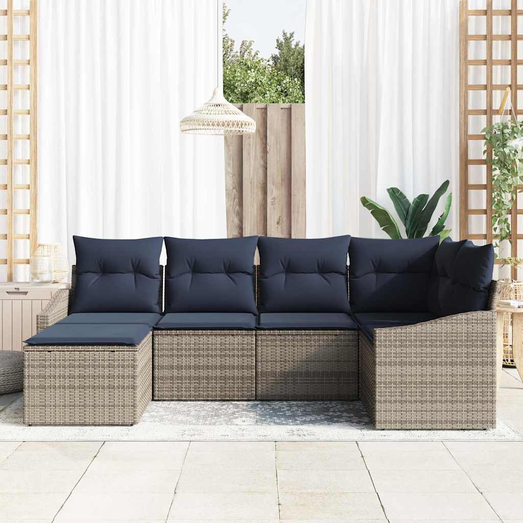 Sofa Set mit Kissen 6 pcs Grau und Marineblau Poly-Rattan