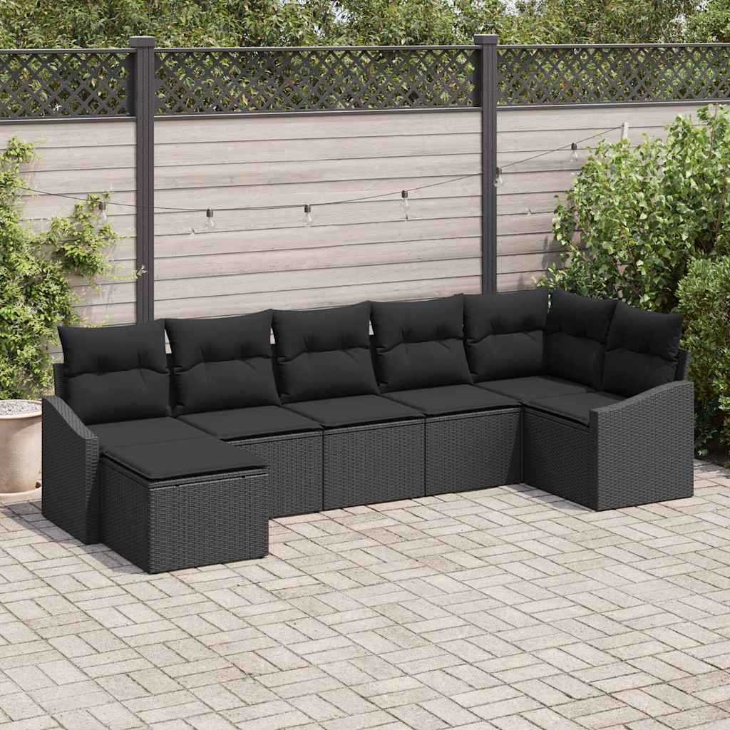 Garten-Sofa-Set mit Kissen 7 pcs Schwarz Poly-Rattan