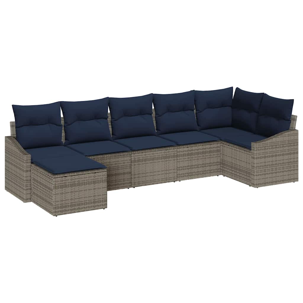 Garten-Sofa-Set 7 pcs Grau und Marineblau Poly-Rattan