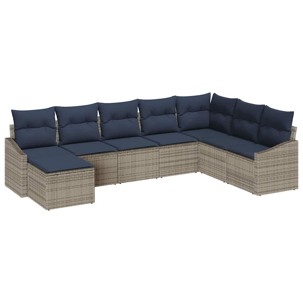 Gartensofa-set mit Kissen 8 pcs Grau und Marineblau Poly-Rattan