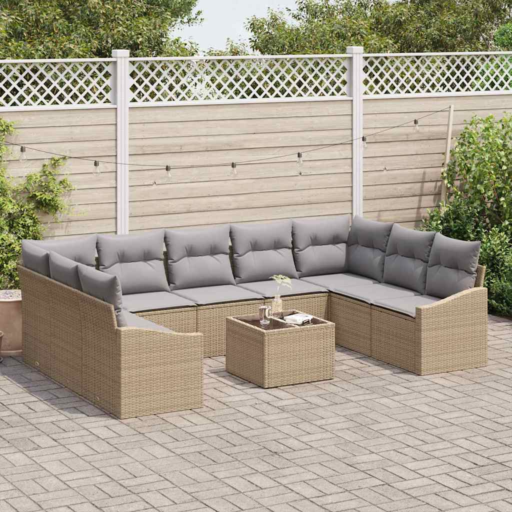 Gartensofa-set mit Speicher Beige und Hellgrau Poly-Rattan